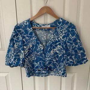 Sugarlips Blue and White Ruched Crop Blouse